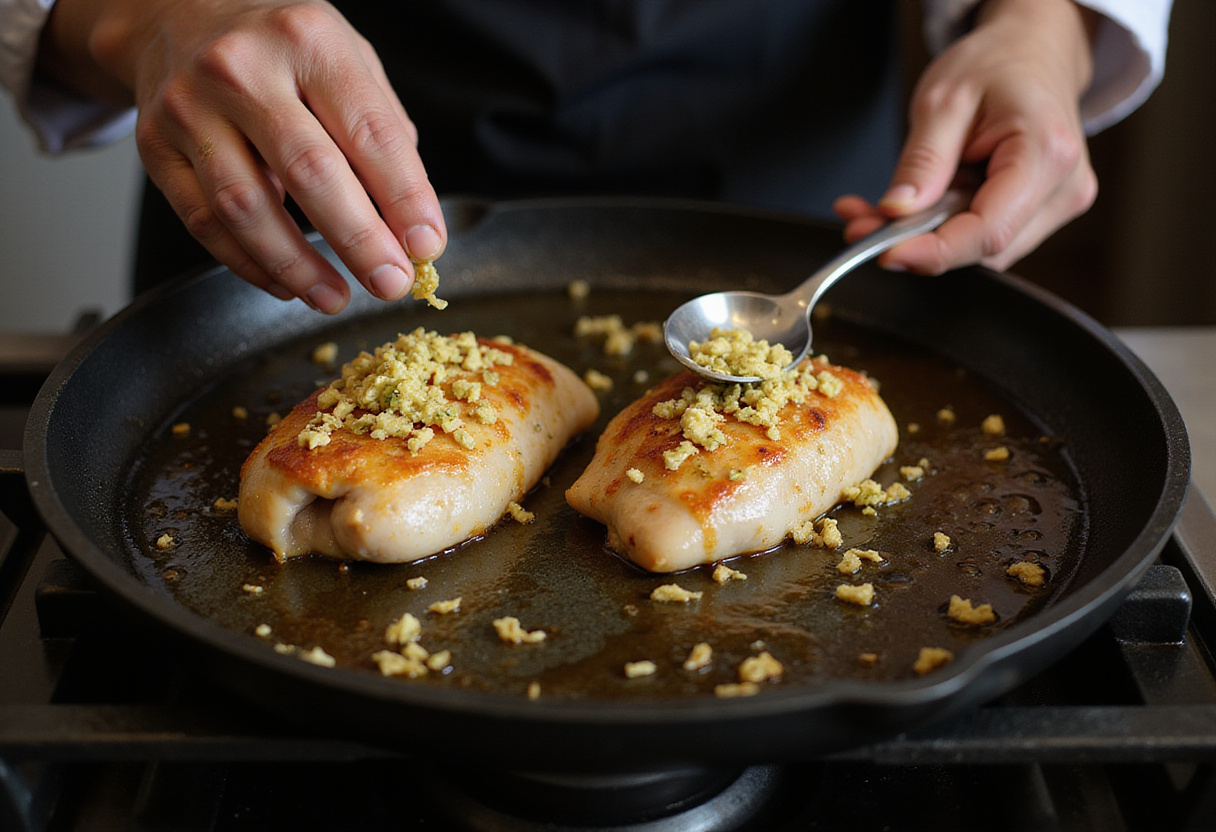 Chef preparing Savory Blackstone Garlic Parmesan Chicken Delight by spreading garlic on sizzling chicken with melted butter.