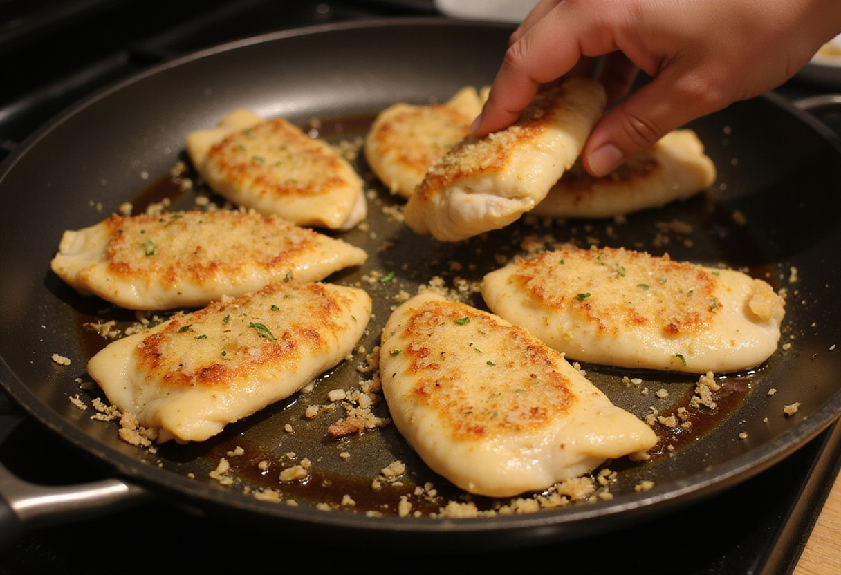 Flipping chicken fillets on a Blackstone griddle for Savory Garlic Parmesan Chicken, highlighting the golden-brown crust.