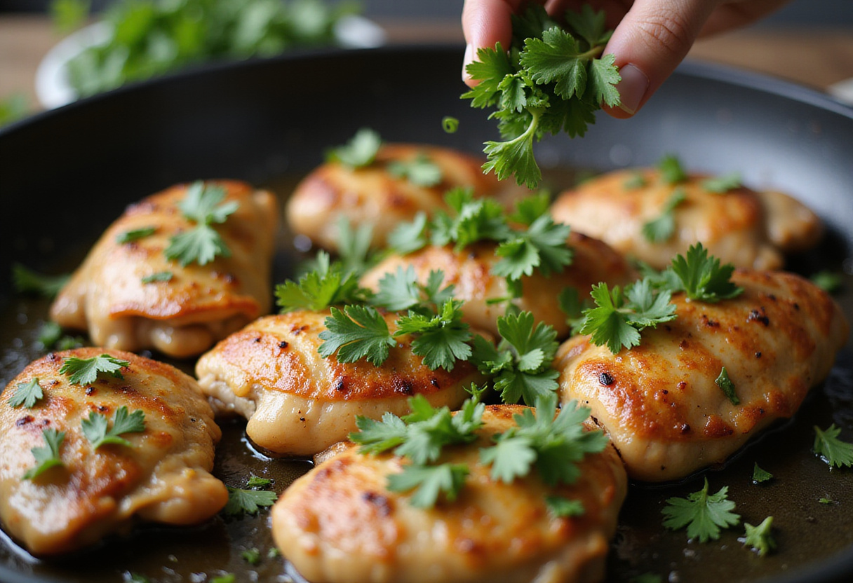 Garnishing Savory Blackstone Garlic Parmesan Chicken Delight with fresh parsley for a delicious finish.