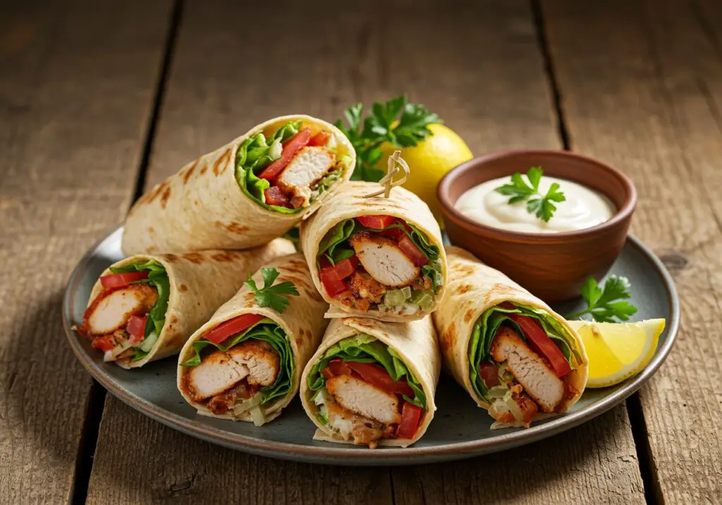 Delicious savory chicken wraps served with garlic cream sauce, an inviting meal highlighted on a rustic wooden table.