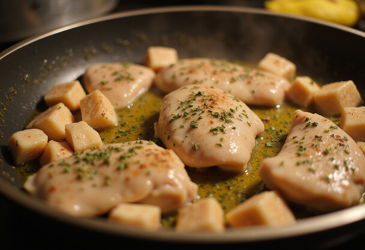 Diced chicken breasts sautéing in olive oil with garlic, fresh herbs; perfect for savory chicken wraps.