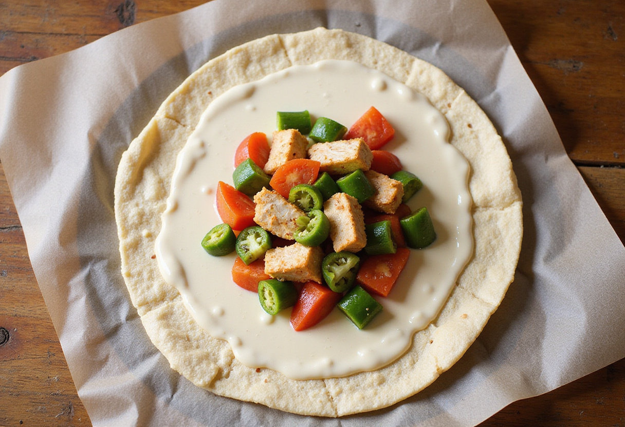 A large tortilla spread with garlic cream sauce, preparing to make delicious savory chicken wraps.