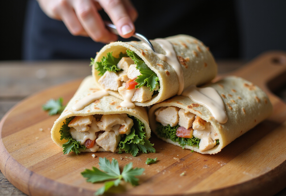 Assembled savory chicken wrap filled with sautéed chicken, veggies, and garlic cream sauce, demonstrating a delicious meal prep.