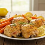 Delicious Savory Lemon Herb Roasted Chicken Thighs served with vegetables on rustic dining table.