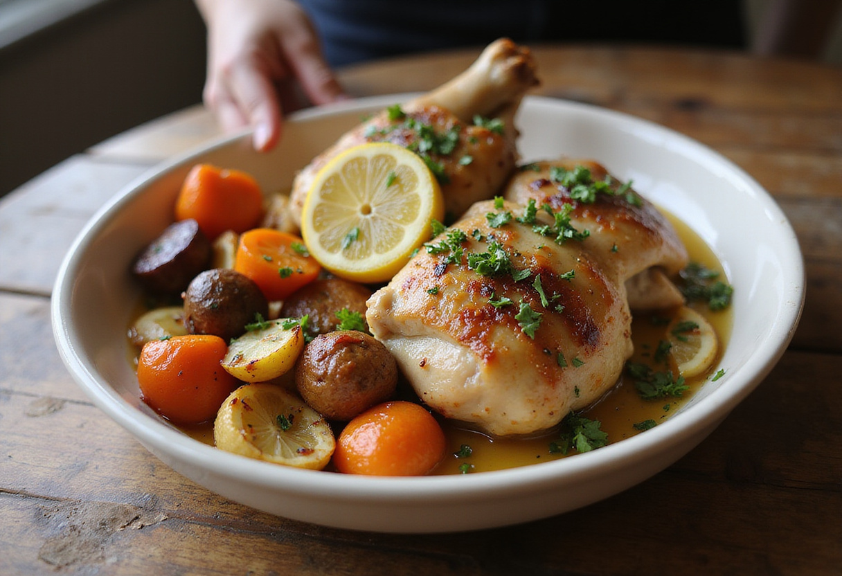 Delicious Savory Lemon Herb Roasted Chicken Thighs served with vegetables on rustic dining table.
