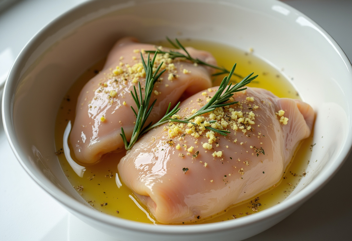 Savory Lemon Herb Roasted Chicken Thighs marinated in fresh lemon and herbs on kitchen counter.