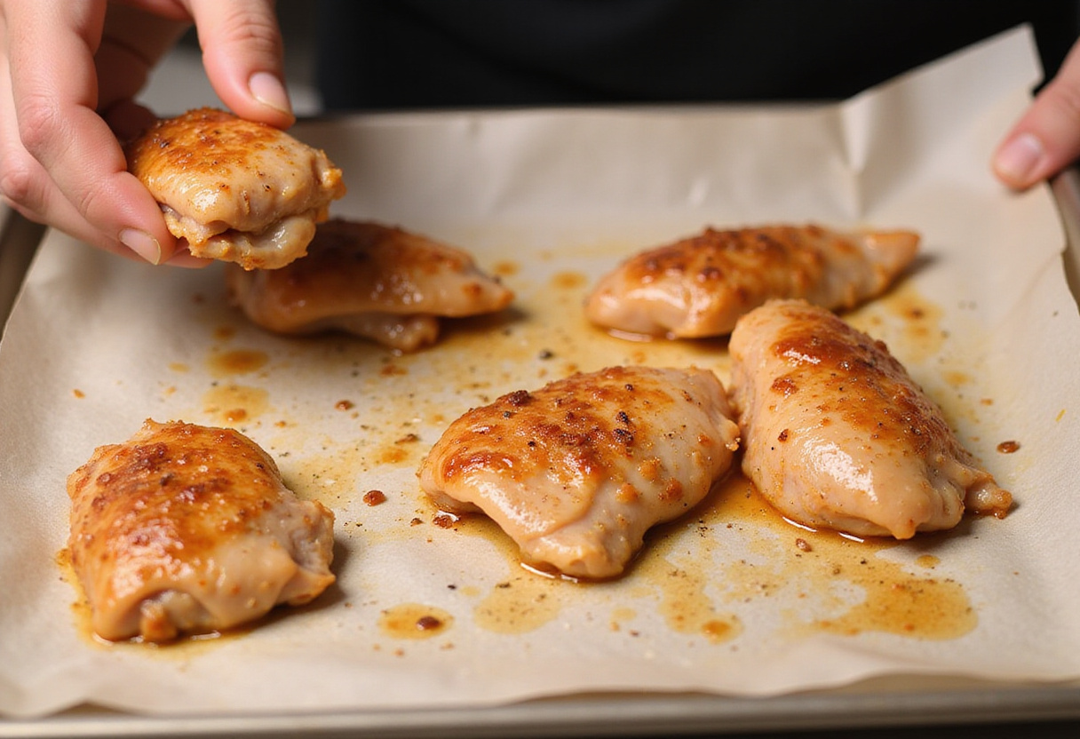 Preparing to roast Chicken Thighs, seasoned and ready on a parchment-lined baking sheet.