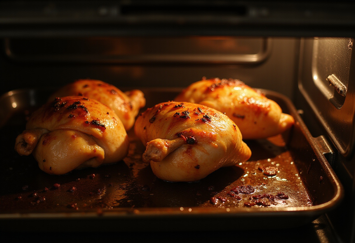 Roasting Savory Lemon Herb Chicken Thighs in the oven until golden and delicious.