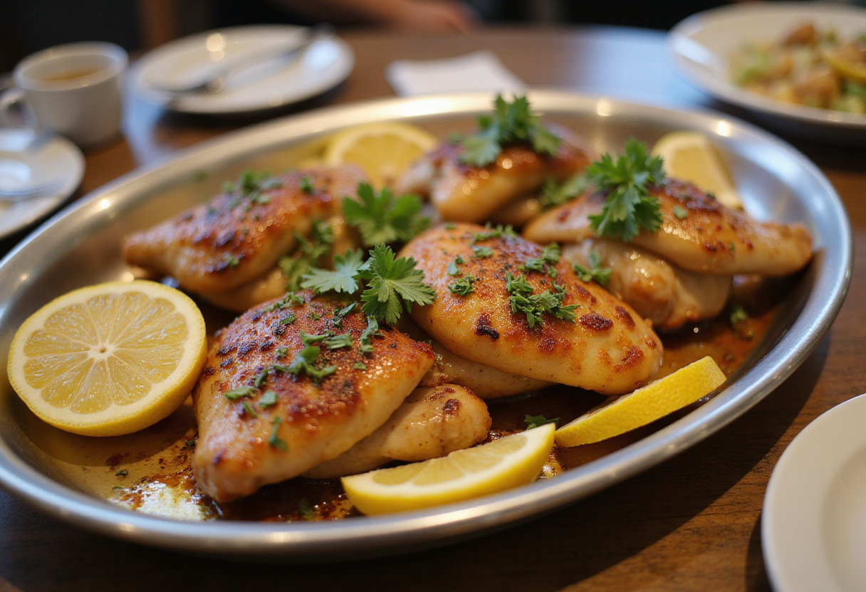 Garnished Savory Lemon Herb Roasted Chicken Thighs ready to serve on a beautiful dining table.