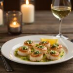 Final presentation of seared scallops with garlic basil butter, a visually stunning seafood dish perfect for gourmet dining.
