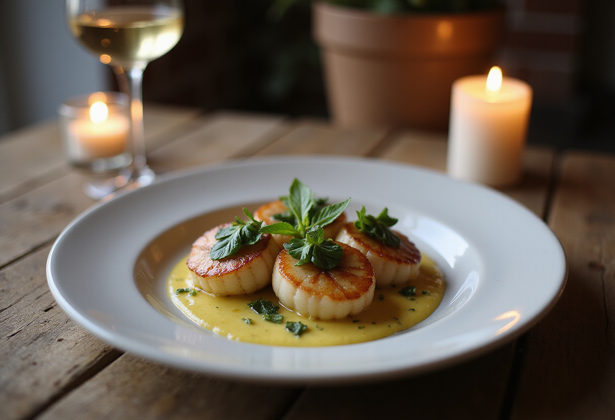 Final presentation of seared scallops with garlic basil butter, a visually stunning seafood dish perfect for gourmet dining.