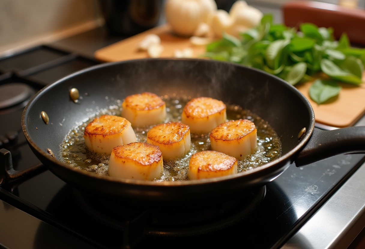 Searing scallops in a skillet, capturing the vibrant flavors of garlic and basil for an exquisite seared scallops dish.