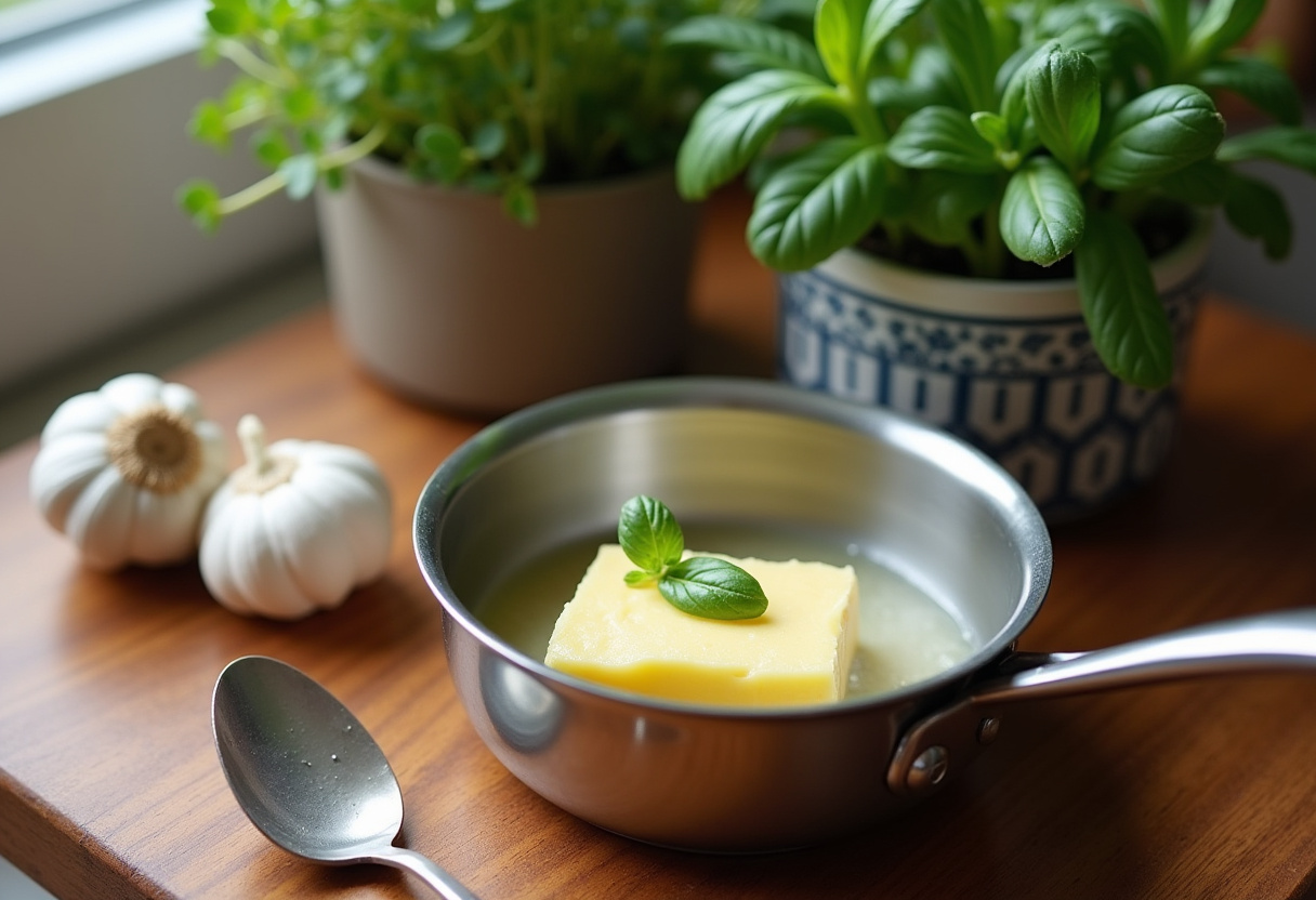 Melting garlic basil butter, an essential component for preparing seared scallops, showcasing the heart of the recipe.