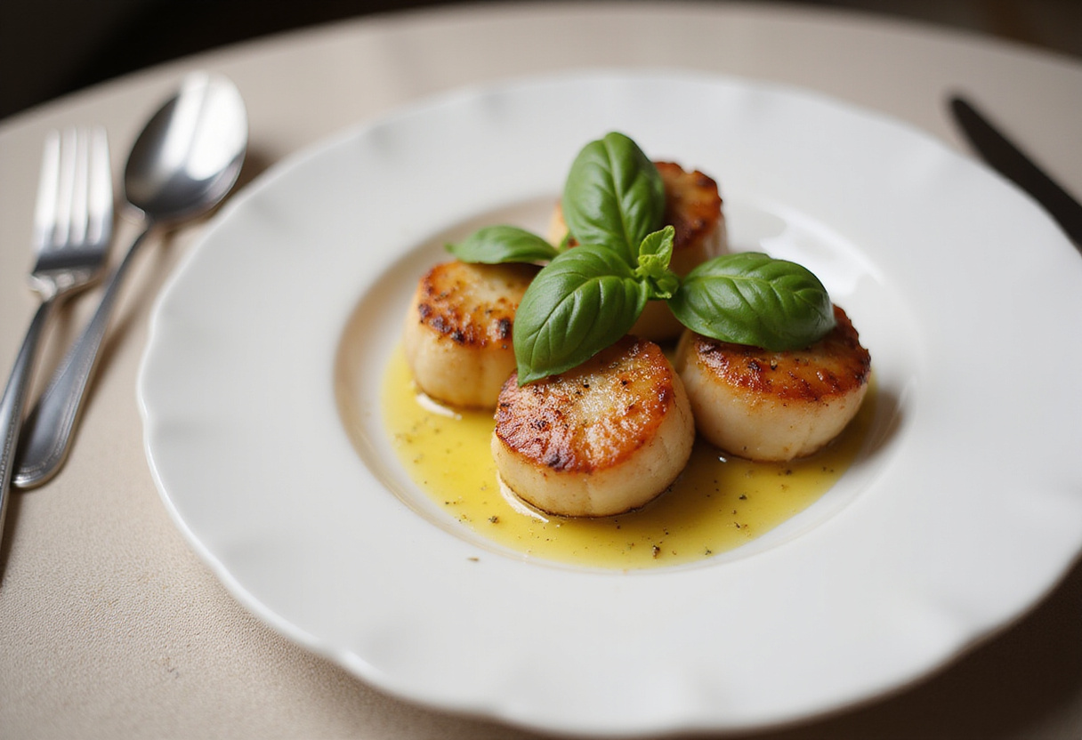 Plating seared scallops with garlic basil butter, presenting an elegant dish ready to be served.