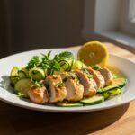 Final presentation of a sheet pan Mediterranean chicken and zucchini dish, emphasizing healthy and easy cooking.