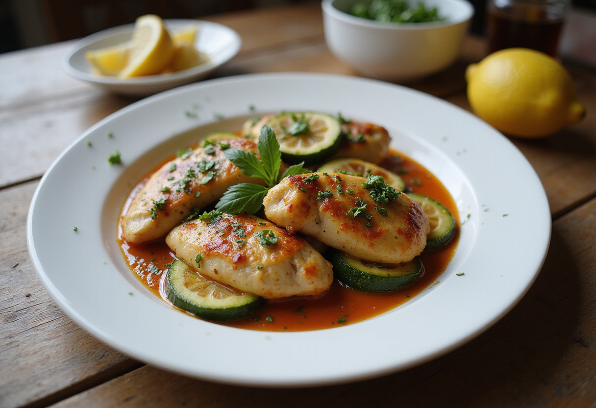 Final presentation of a sheet pan Mediterranean chicken and zucchini dish, emphasizing healthy and easy cooking.