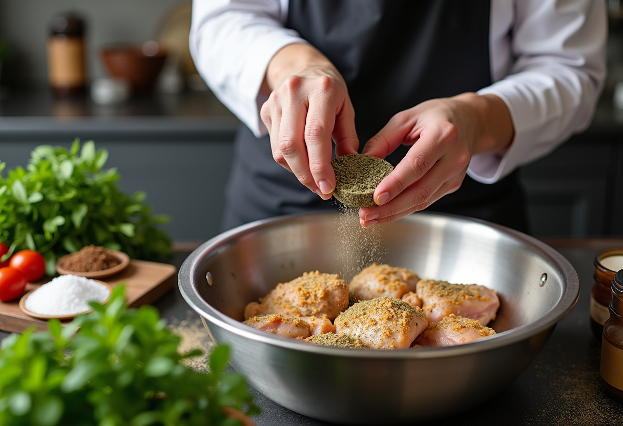 Seasoning chicken thighs with Mediterranean herbs and spices for a healthy sheet pan recipe.