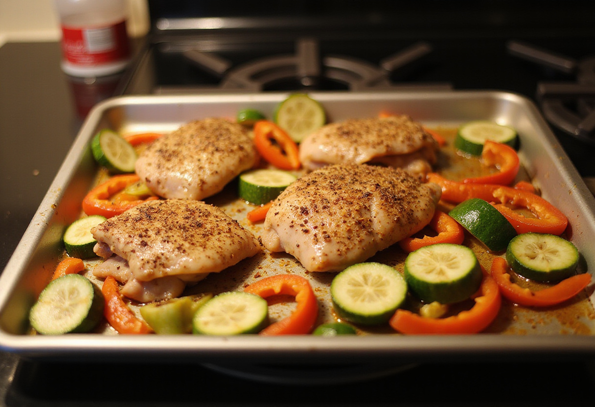 Arranging seasoned chicken and colorful vegetables on a sheet pan for easy Mediterranean meal prep.