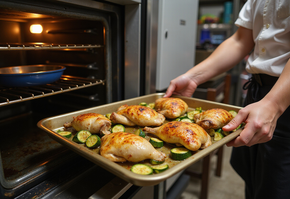 Removing a sheet pan of roasted Mediterranean chicken and zucchini from the oven, highlighting its golden appearance.