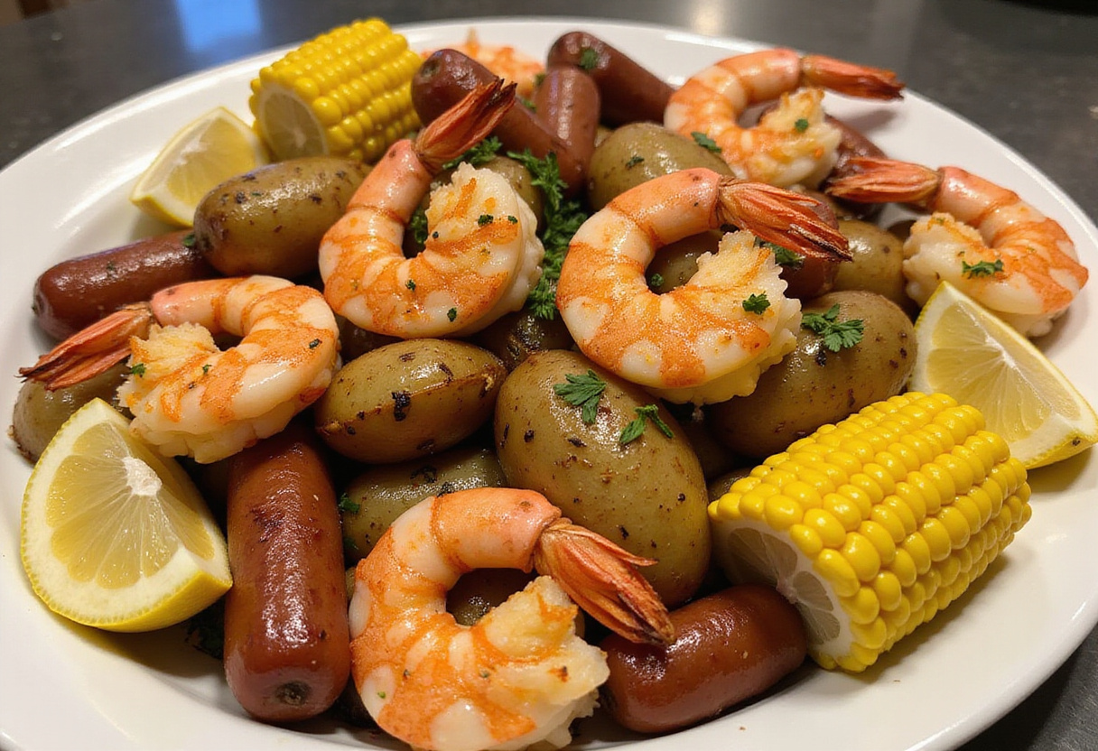 Beautifully plated Sheet-Pan Shrimp Boil featuring succulent shrimp, sausage, corn, and potatoes, perfect for a family meal.