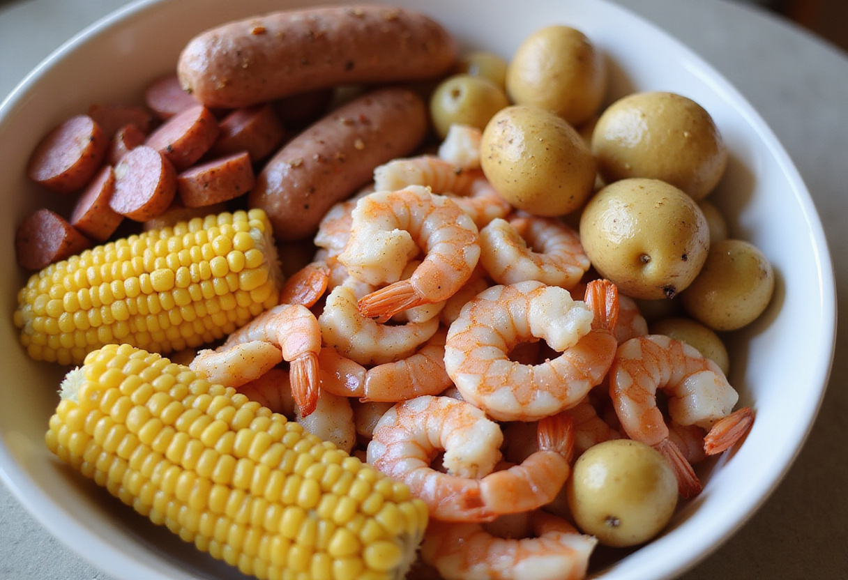 Preparation of a delicious Sheet-Pan Shrimp Boil with fresh shrimp, sausage, corn, and potatoes, seasoned with Old Bay and lemon.