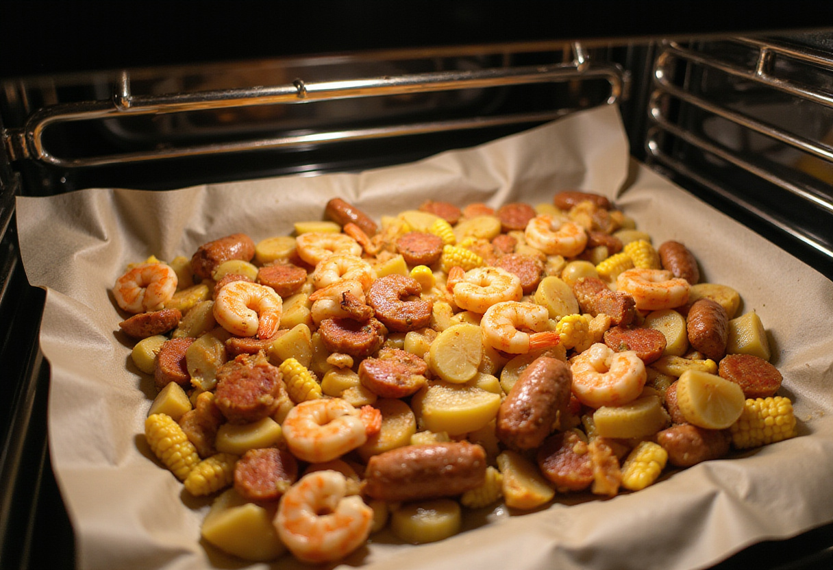 Arranging ingredients for a savory Sheet-Pan Shrimp Boil on a baking sheet, ready for roasting in the oven.