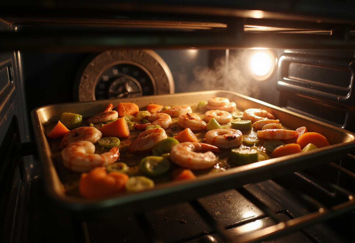 Cooking process of Sheet-Pan Shrimp Boil, showcasing the oven and aroma of perfectly roasting shrimp and vegetables.