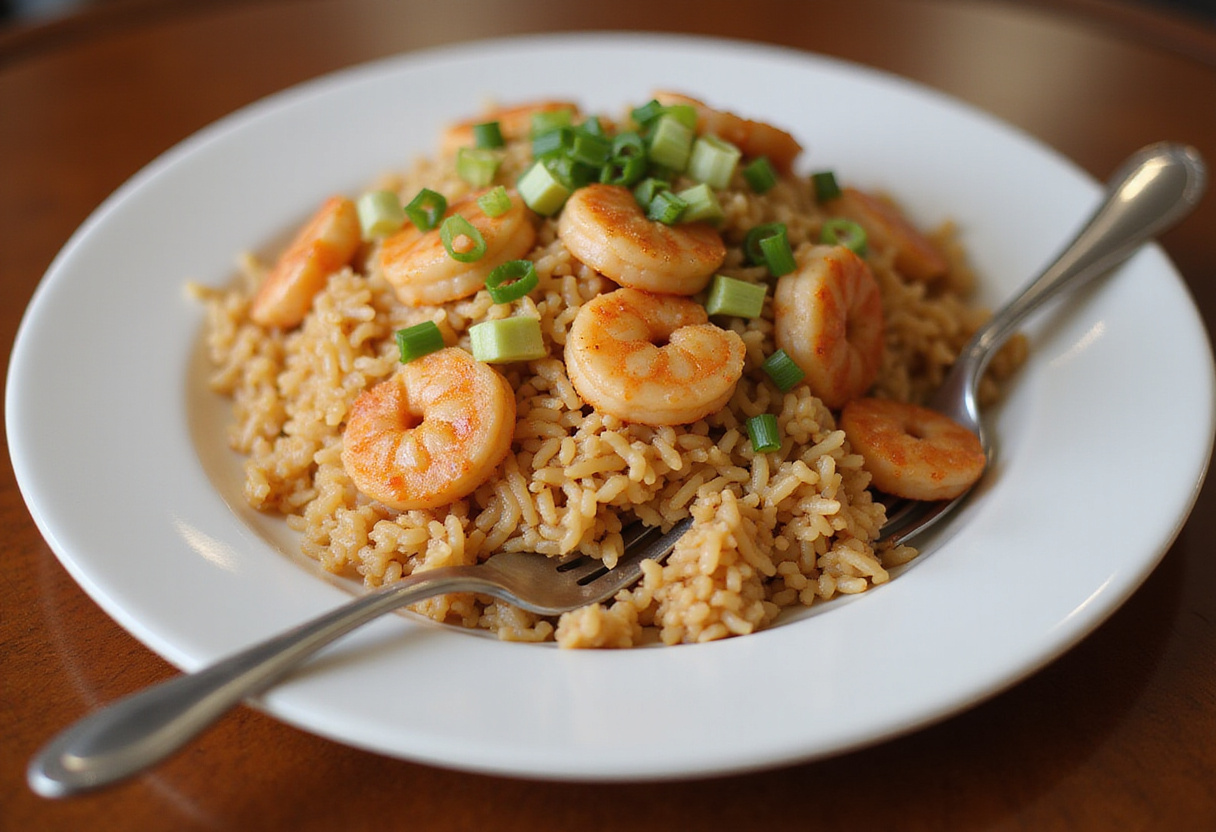 Delicious shrimp fried rice served on a plate, showcasing a vibrant and appetizing meal.