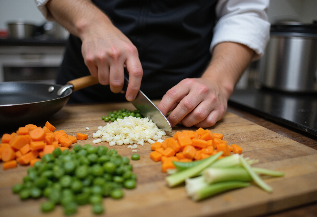 Fresh vegetables chopped for shrimp fried rice including carrots, peas, and green onions.