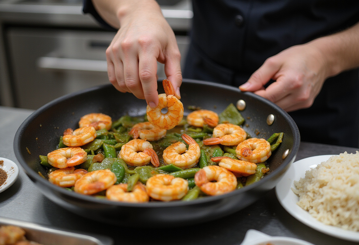 Adding shrimp to the vibrant mix of sautéed vegetables for delicious shrimp fried rice.