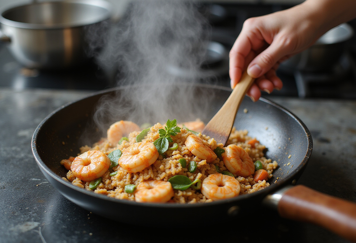 Mixing cooked rice with shrimp and vegetables in a frying pan, for a flavorful shrimp fried rice dish.