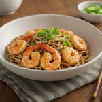 Delicious shrimp stir fry with noodles served beautifully, showcasing vibrant colors and flavors, perfect for a gourmet culinary experience at home.