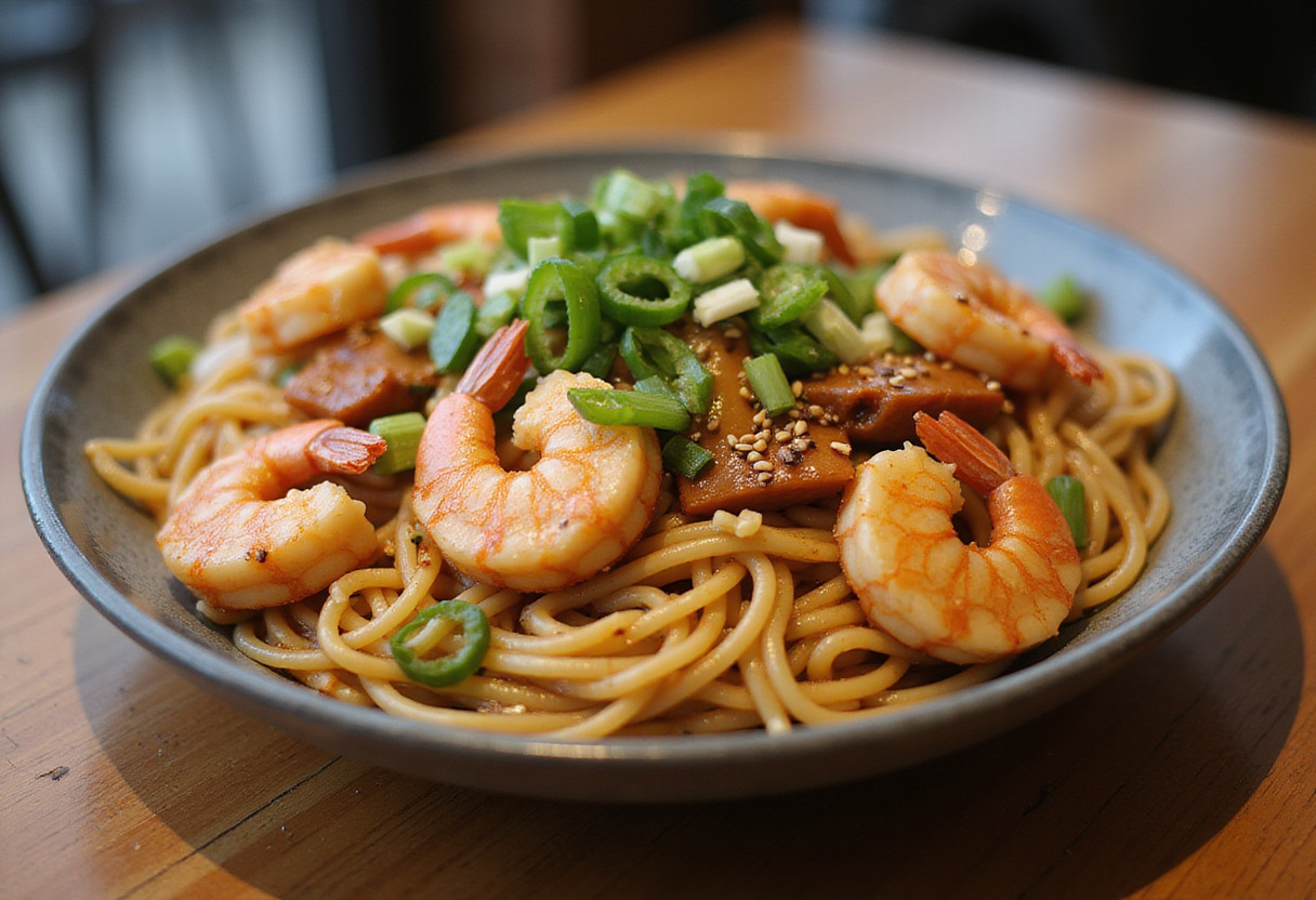 Delicious shrimp stir fry with noodles served beautifully, showcasing vibrant colors and flavors, perfect for a gourmet culinary experience at home.
