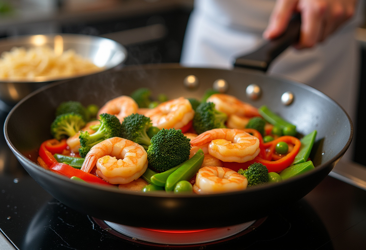 Sautéing vegetables for shrimp stir fry with noodles, focusing on garlic, ginger, and fresh produce cooking in a skillet against the backdrop of boiling noodles.