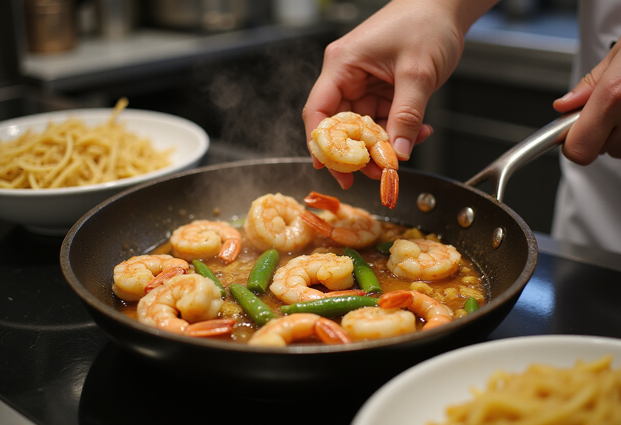 Cooking shrimp with vegetables for shrimp stir fry, capturing the transformation of shrimp from raw to perfectly cooked in a bustling kitchen setting.