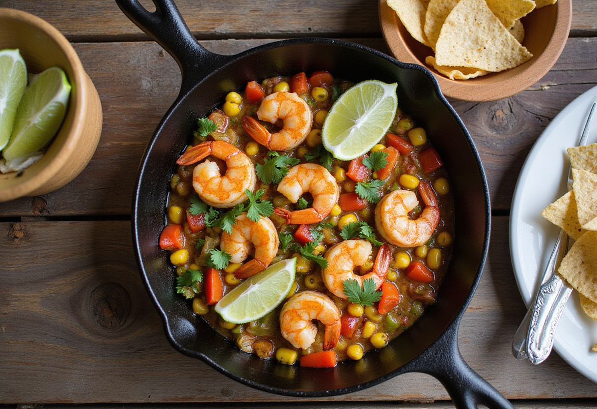 Delicious and vibrant Shrimp Street-Corn Skillet served in a cast-iron pan, showcasing the perfect blend of seafood and corn for a flavorful dish.