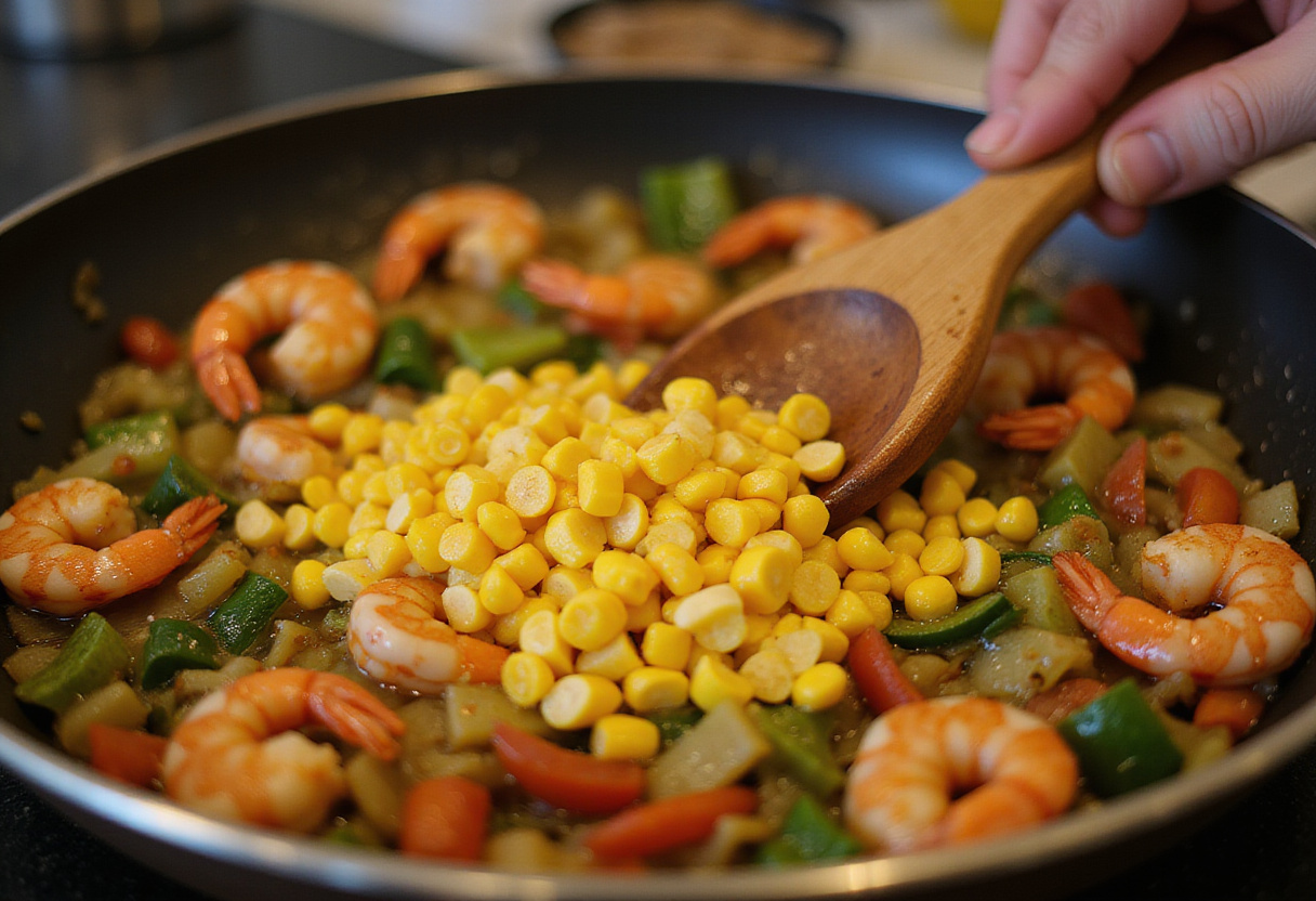 Adding sweet corn to the Shrimp Street-Corn Skillet for a deliciously colorful and hearty meal.
