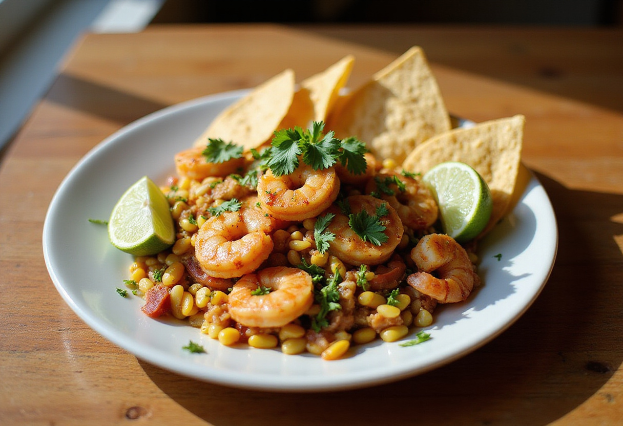 A beautifully presented Shrimp Street-Corn Skillet garnished with fresh lime and cilantro, perfect for a hearty meal.