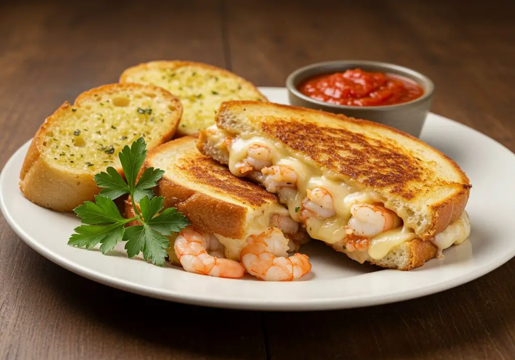 Delicious shrimp-stuffed grilled cheese with garlic bread presented elegantly on a plate; perfect for seafood lovers.