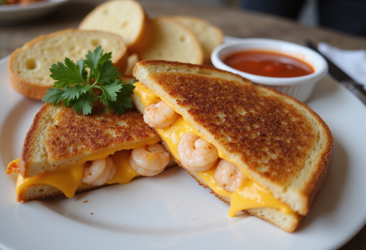 Delicious shrimp-stuffed grilled cheese with garlic bread presented elegantly on a plate; perfect for seafood lovers.