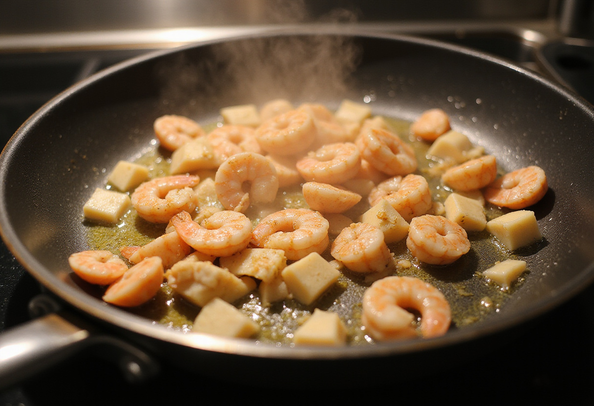 Cooking shrimp filling for shrimp-stuffed grilled cheese; highlighting shrimp and garlic in a skillet on the stove.