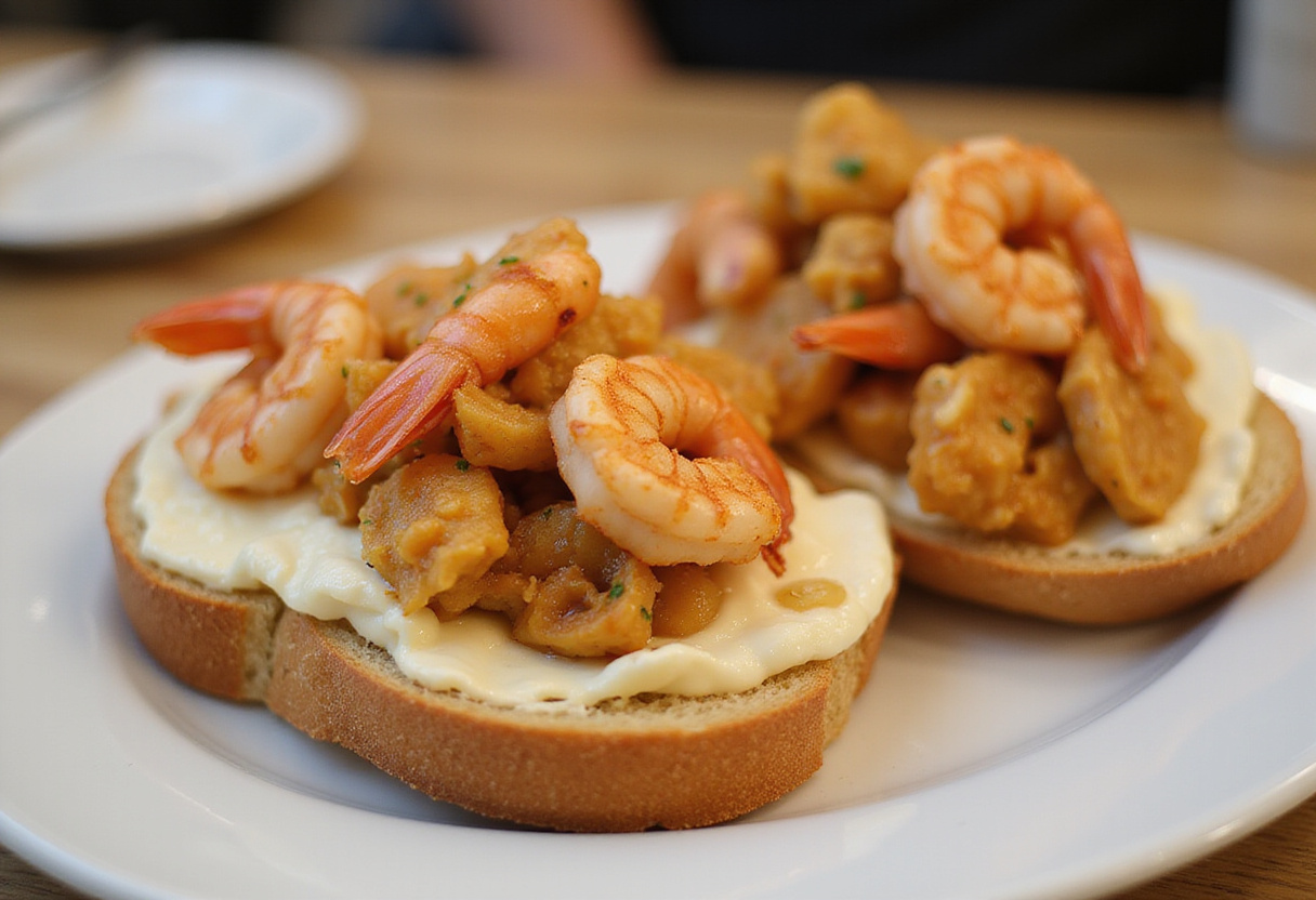 Assembling shrimp-stuffed grilled cheese; showing slices of bread layered with cheese and shrimp filling.