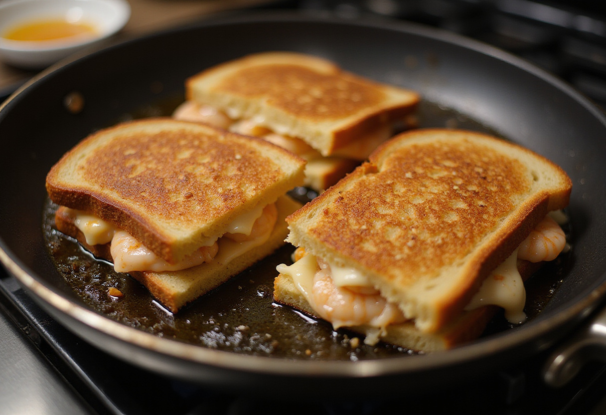Grilling shrimp-stuffed cheese sandwiches; depicting the sizzling process in a skillet with butter and browning bread.