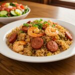 Beautifully plated shrimp and sausage dirty rice garnished with green onions, showcasing a delicious and hearty Cajun dish on a wooden table.