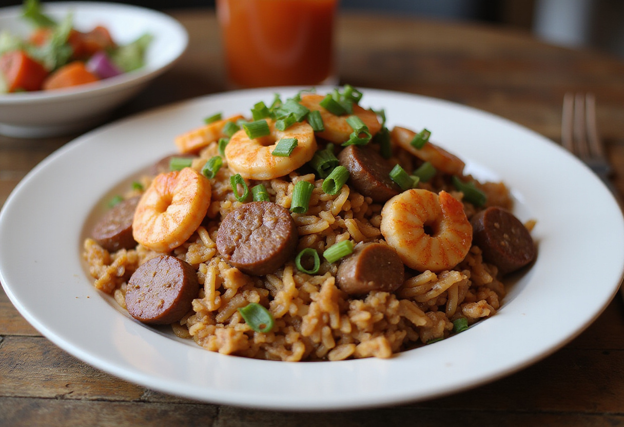 Beautifully plated shrimp and sausage dirty rice garnished with green onions, showcasing a delicious and hearty Cajun dish on a wooden table.