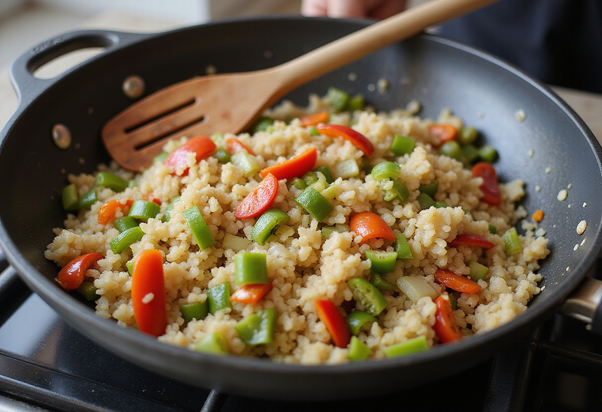 Sautéed onions, bell peppers, and celery in a skillet for shrimp and sausage dirty rice, creating a flavorful base.
