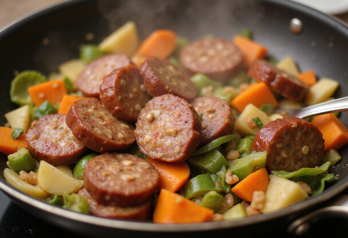 Cooking sliced sausage with vegetables in a skillet, a key step in making shrimp and sausage dirty rice with rich flavors.