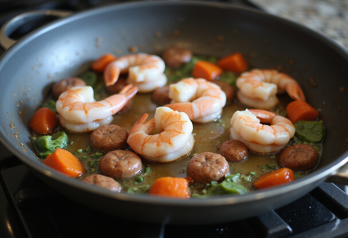 Raw shrimp cooking with sausage and vegetables in a skillet, an essential stage in preparing shrimp and sausage dirty rice.