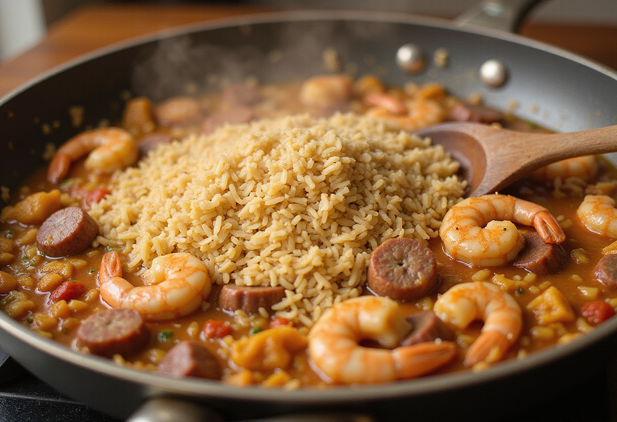 Stirring cooked rice into a skillet with shrimp and sausage, integrating all ingredients for a delicious shrimp and sausage dirty rice.