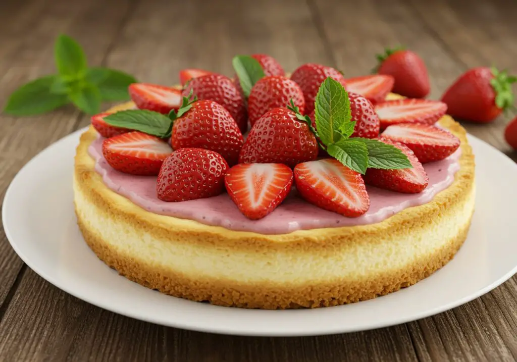 Delicious simple strawberry cheesecake adorned with fresh strawberries, perfect for dessert lovers.